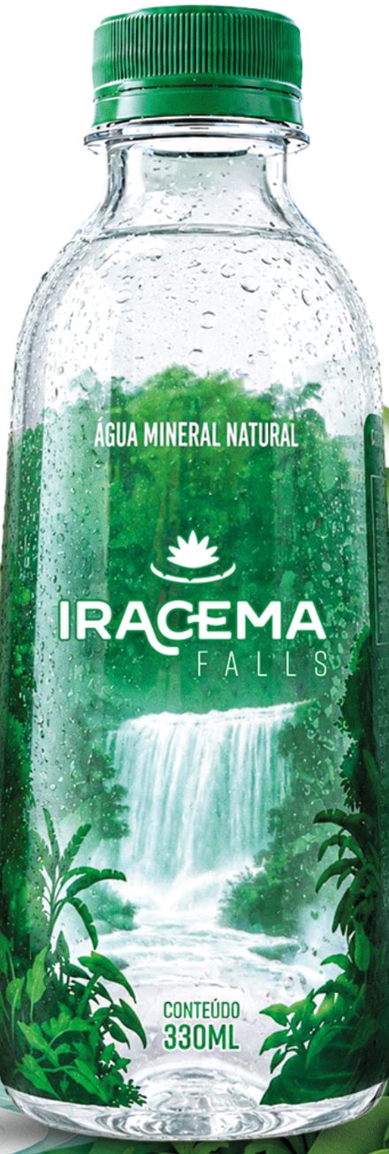 Garrafa de 330 ml da Iracema Falls com rótulo verde de floresta e cachoeira